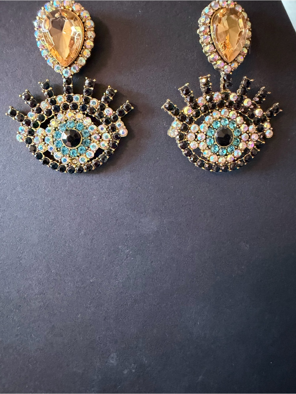 Gold-Tone Evil Eye Drop Earrings with Black and Aqua Crystals